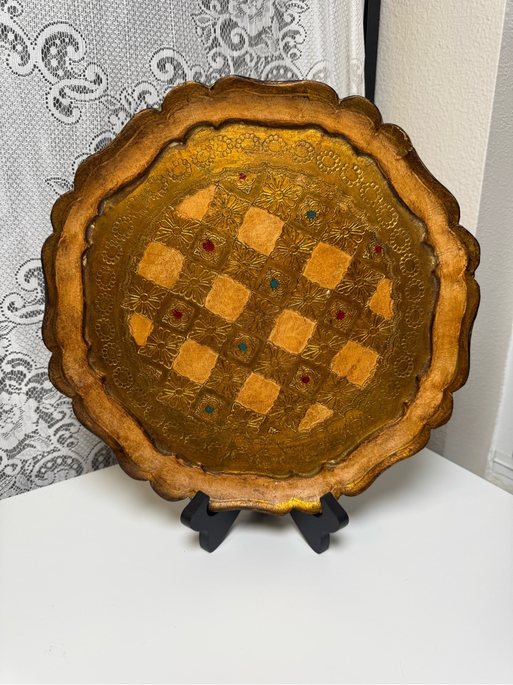 Vintage Florentine Gilt Wood Round Tray Gold Checkerboard Scalloped 11” Plate